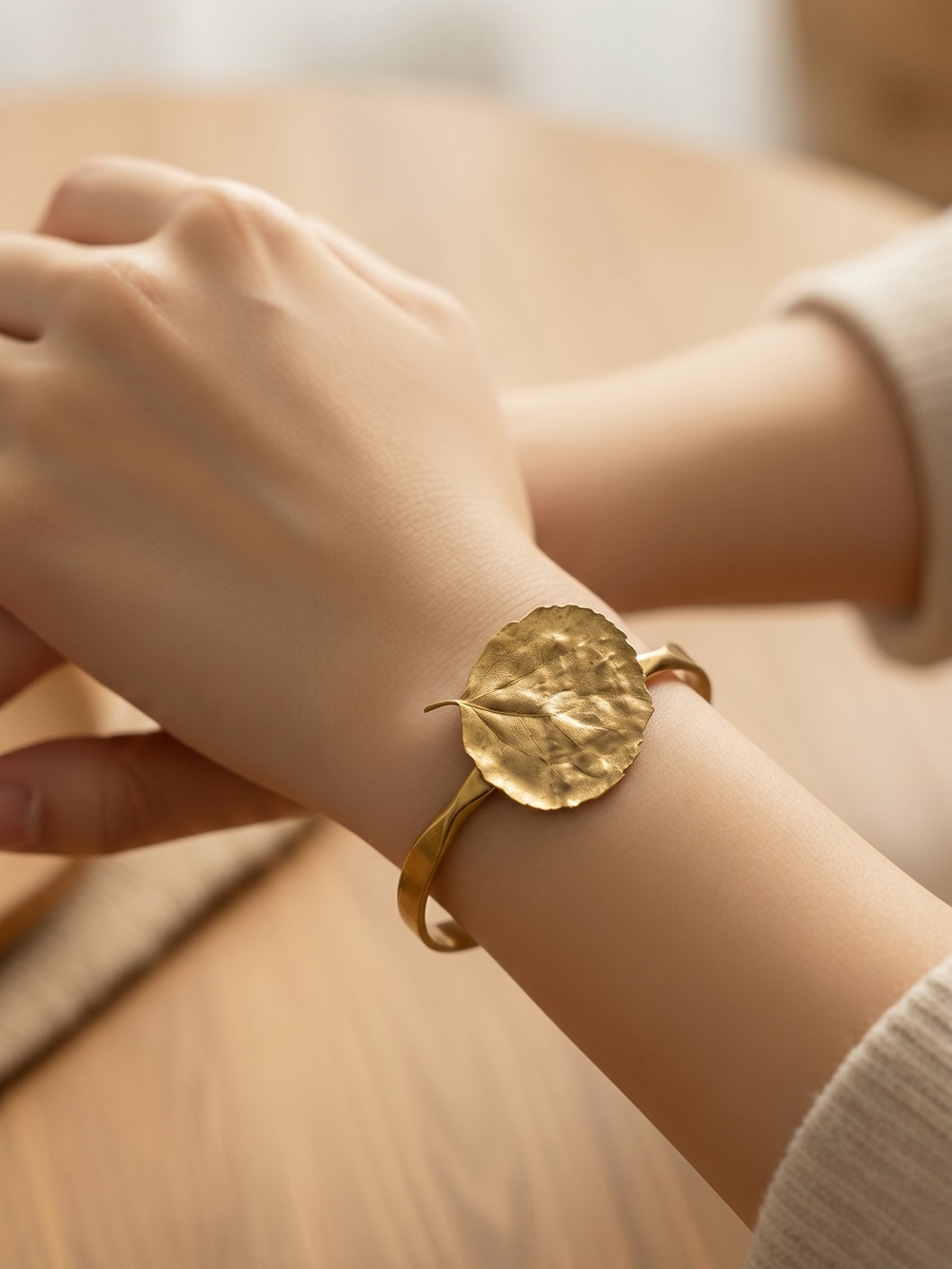 Vintage Gold Tone Real Leaf Cuff Bracelet  Nature Inspired Open Bangle